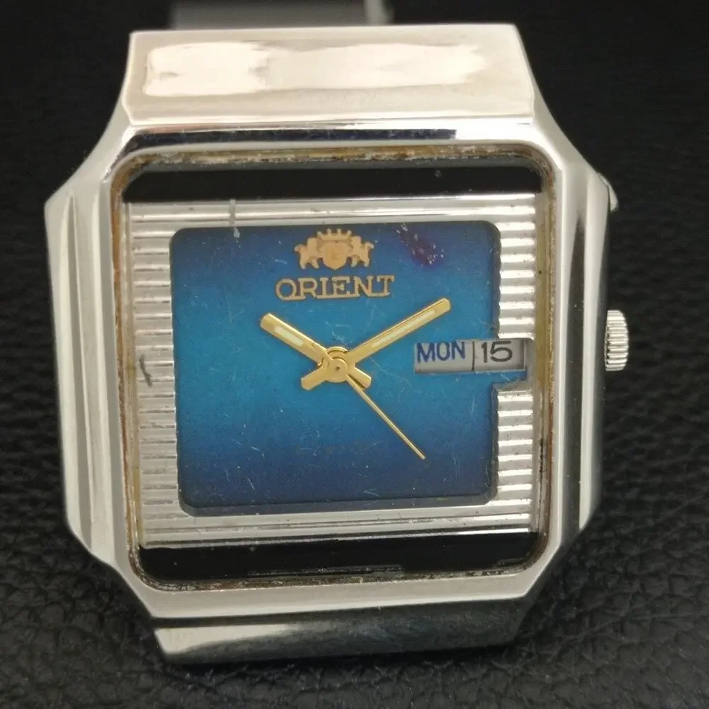 Vintage 1990 Square Orient Automatic Mens Silver Watch W/daydate & Blue accents